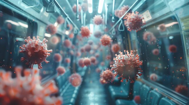 A subway car with red virus particles floating around