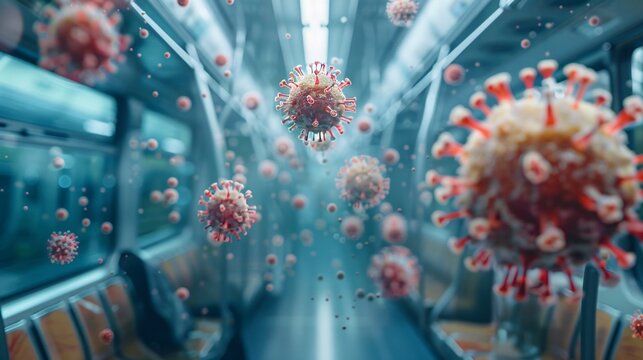 A subway train car with virus particles floating through the air