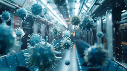 Blue virus particles floating through the air in a subway car.