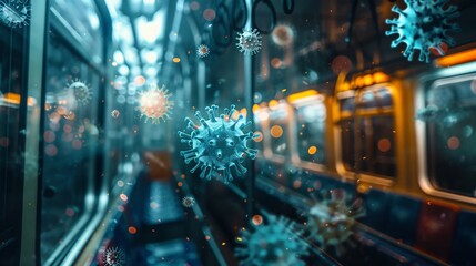Microscopic view of virus particles on a subway train