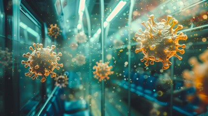 Microscopic view of virus spreading in the air - obrazy, fototapety, plakaty
