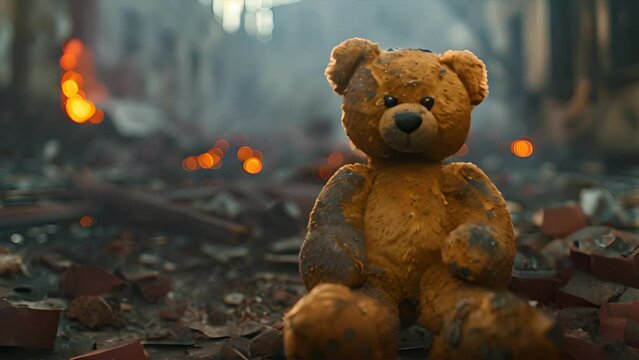 children's teddy bear toy over a burned city, destruction of the consequences of a military 