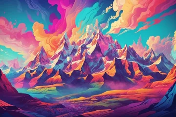 Muurstickers Psychedelic style vibrant mountains illustration, Psychedelic mountains Wallpaper, Abstract mountains Landscape, Fantasy Mountains Illustration, Mountains Background, AI Generative © Forhadx5