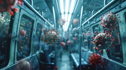 virus particles floating in the air in a subway car - obrazy, fototapety, plakaty