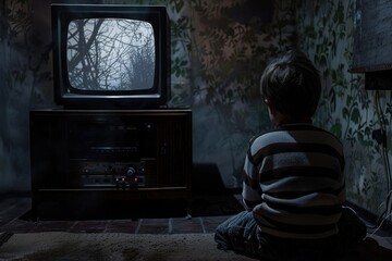 Child watching scary show on vintage television