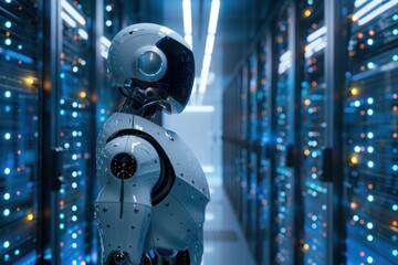 Advanced robot stands among server racks in a high-tech data center