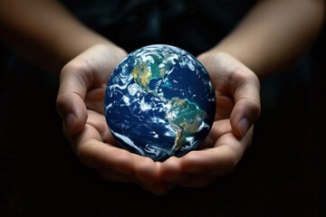 Two hands gently hold a small globe against a dark background, symbolizing environmental care and protection