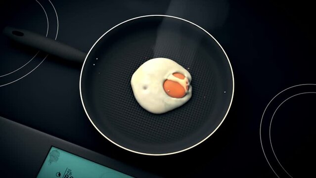 Cooked scrambled eggs on the stove - amazing animation