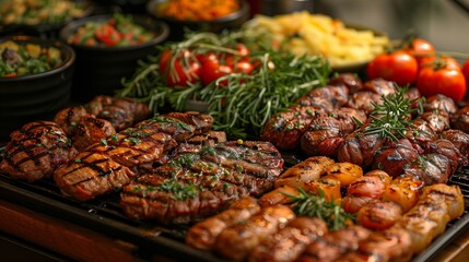 A composition highlighting gourmet grilled meat selections arranged on a stylish buffet table