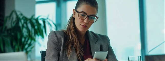 Female business professional wearing glasses and using her phone in the office, sitting at desk with long brown hair in ponytail style. She is looking directly into camera while smiling.  - Powered by Adobe