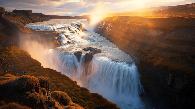 amazing natural beauty Gullfoss Falls, One of the most famous waterfalls in Iceland