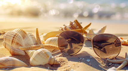 Sunglasses on the Golden Sand Beach (vacation, holiday) close-up with wave at sunny day with shells