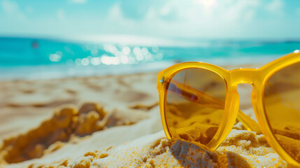 Fototapeta na wymiar Sunglasses on the Golden Sand Beach (vacation, holiday) close-up with wave at sunny day