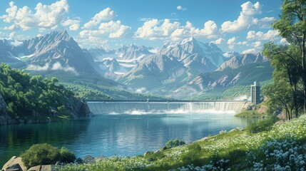 A beautiful mountain landscape with a large body of water and a waterfall