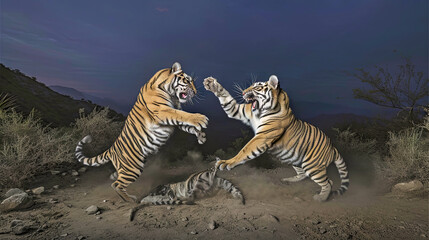 Fototapeta premium Two Tigers Playing in the Dirt