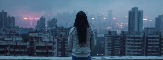Fototapeta na wymiar Asian woman with long black hair wearing a white sweater and jeans standing on a rooftop, overlooking the city skyline. It is foggy at night, buildings glow in a soft blue light. 