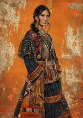 A chic half-body image of a Native American woman in a contemporary dress inspired by traditional patterns, her demeanor proud, against a rustic orange backdrop