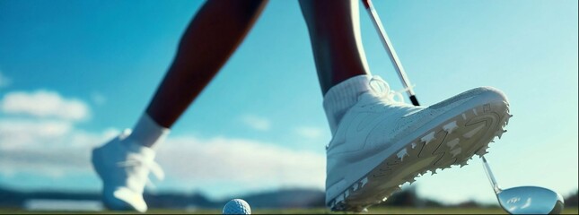 A closeup shot focuses on the feet and golf club, with white shoes torquing up to hit an egg-shaped ball towards the hole at a Golf Club.