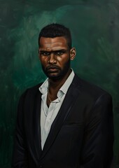 Obraz premium A debonair half-body portrait of an Australian Aboriginal man in a sharp black suit, his expression introspective, against a background of deep forest green
