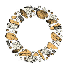 Cheese frame background. Hand drawn engraved sketch with organic cheesy milk product, curd, fresh food. Vector illustration border for menu, label, banner, identity, card, template, paper