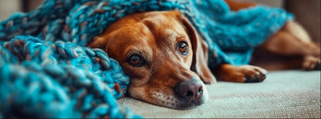 Close up of a dog laying on the sofa under a blue blanket, the dog looks sad and sick with a cold. Appears to be feeling unwell or lonely due to loneliness after its owner left it alone for many days - Powered by Adobe