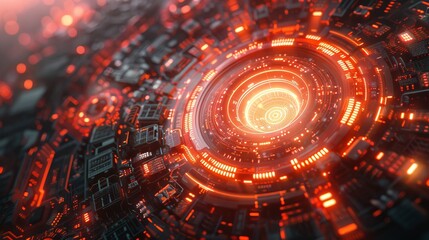 Futuristic glowing red cyber tunnel with intricate digital patterns