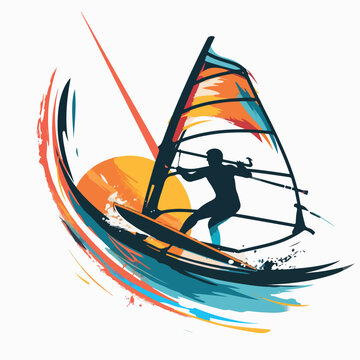 Wind surfing in cartoon, doodle style. Image for t-shirt, web, mobile apps and ui. Isolated 2d vector illustration in logo, icon, sketch style, Eps 10. AI Generative