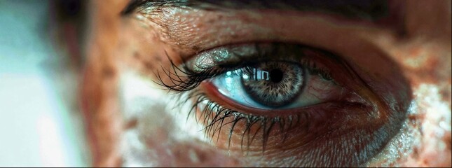 Closeup of an eye, reflecting the depth and intensity. The focus is on one blue brown human eye...