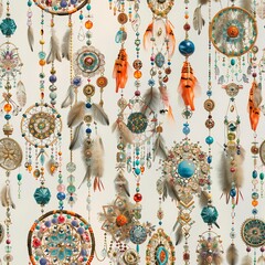A cascade of 3D dreamcatchers adorned with crystals and boho charms.Seamless Pattern, Fabric Pattern, Tumbler Wrap, Mug Wrap.