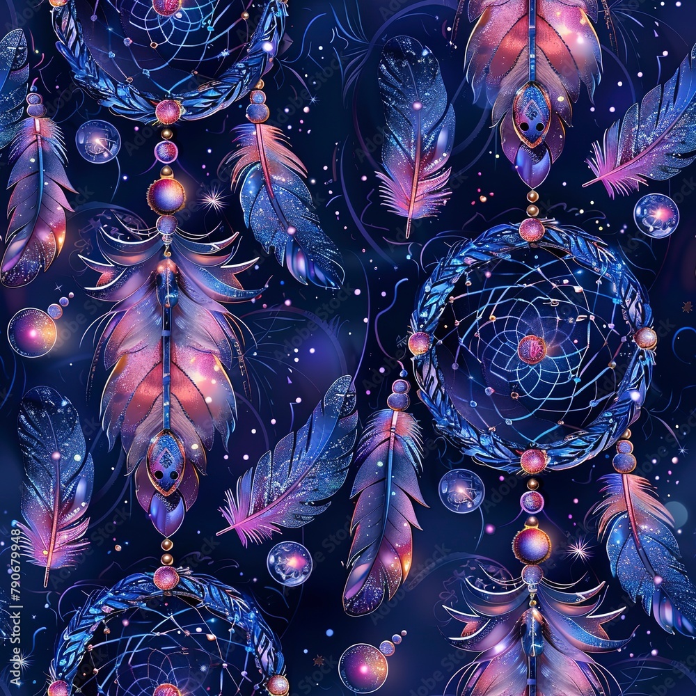 Poster A seamless pattern of 3D dreamcatchers with iridescent feathers and beads.Seamless Pattern, Fabric Pattern, Tumbler Wrap, Mug Wrap.