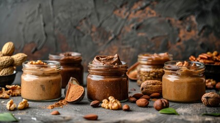 Variety of nuts in homemade nut butter packed in glass containers