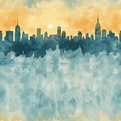 Artistic representation of a city skyline at sunrise, in a watercolor seamless pattern, with emphasis on light and shadow.  Seamless Pattern, Fabric Pattern, Tumbler Wrap, Mug Wrap.