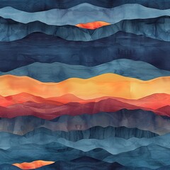 Watercolor seamless pattern depicting a series of sunrises over a mountain range, with emphasis on atmospheric perspective.  Seamless Pattern, Fabric Pattern, Tumbler Wrap, Mug Wrap.