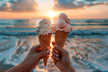 Two people toasting with ice cream cones at the beach during sunset, summer atmosphere, vacation concept - 790680387