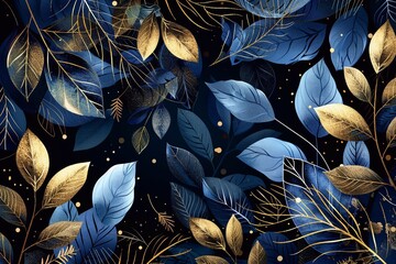 Botanical luxury vector background with gold, blue and white leaves. Botanical card, cover design.