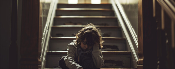 Fototapeta premium child sitting alone on a staircase their eyes downcast and shoulders slumped under the weight of trauma and despair inflicted by domestic violence in their home.
