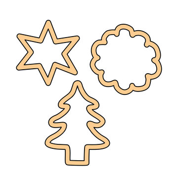 Cookie cutters in different shapes, star, round, Christmas tree, doodle style vector illustration