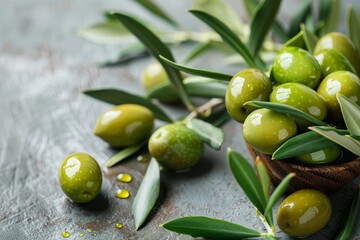 Olive leaves and olives on a rustic background, in a closeup. An olive oil product photo for cooking or health use. National Olive Day.