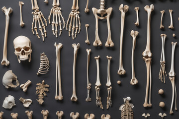 Human Skeleton Bones Arranged on Dark Background. A collection of human bones and skeletons neatly arranged and displayed against a dark background for anatomical study.