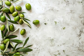 A flat lay of green olives and olive branches on an aged white stone background, with space for text or product placement in the style of an aged stone background. National Olive Day.
