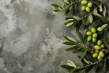 Olive branch with green olives and leaves on a gray concrete background, viewed from above. National Olive Day.