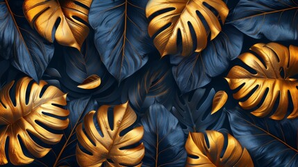 A golden art deco wallpaper with golden split-leaf Philodendron plants against a dark background. Modern illustration.