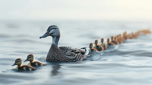 A mother duck is leading a group of ducklings through the water