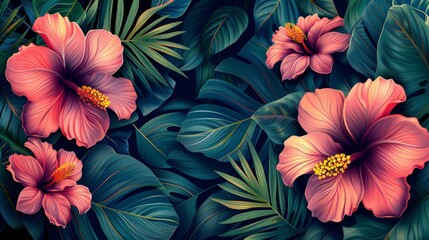 The tropical forest seamless pattern combines exotic flowers and leaves, split-leaf Philodendron plants, monstrous monstera plants, and jungle plants line art on a trendy background. - obrazy, fototapety, plakaty