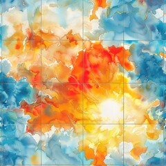Seamless tiles depicting sun peeking through scattered clouds, each watercolor piece merging smoothly with vibrant light effects. Seamless Pattern, Fabric Pattern, Tumbler Wrap, Mug Wrap.