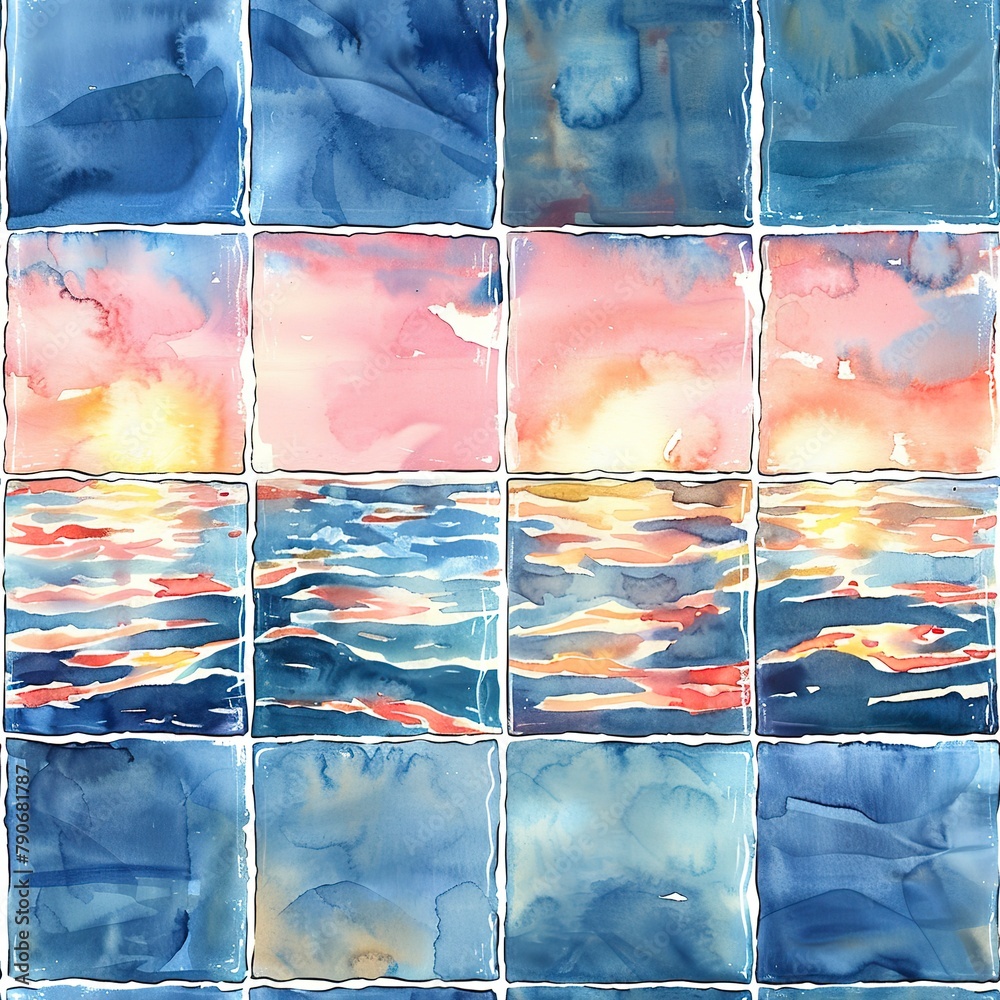 Canvas Prints Watercolor tiles illustrating sunsets over the ocean, each seamlessly merging with warm hues reflecting off the water.  Seamless Pattern, Fabric Pattern, Tumbler Wrap, Mug Wrap.