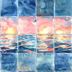 Watercolor tiles illustrating sunsets over the ocean, each seamlessly merging with warm hues reflecting off the water.  Seamless Pattern, Fabric Pattern, Tumbler Wrap, Mug Wrap.