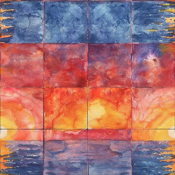 Watercolor tiles illustrating sunsets over the ocean, each seamlessly merging with warm hues reflecting off the water. Seamless Pattern, Fabric Pattern, Tumbler Wrap, Mug Wrap.