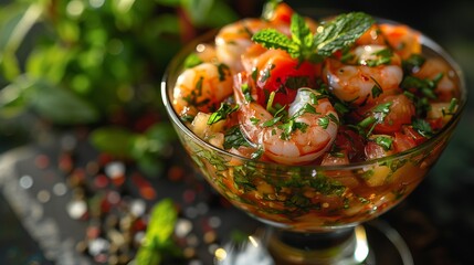 A tantalizing shrimp cocktail awaits, served in a sleek cocktail glass and adorned with vibrant...
