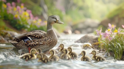 A mother duck and her ducklings are swimming in a river - obrazy, fototapety, plakaty